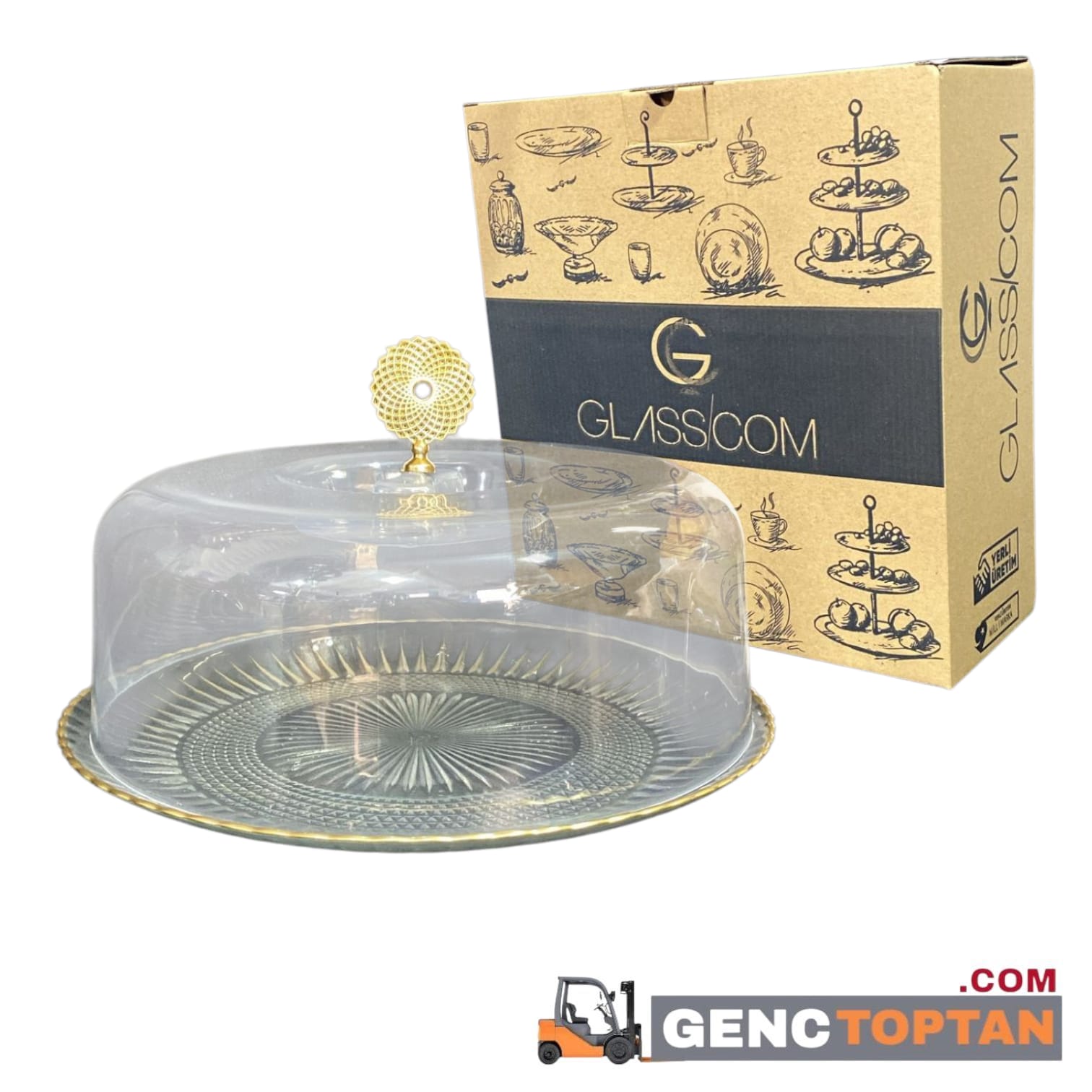 GLASSCOM 28 CM KAPAKLI SERVİS TABAĞI ŞEFFAF GOLD ASORTİ