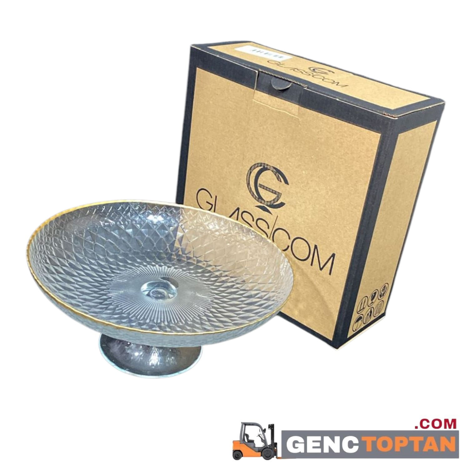 GLASSCOM 22 CM AYAKLI ÇUKUR TABAK ŞEFFAF GOLD