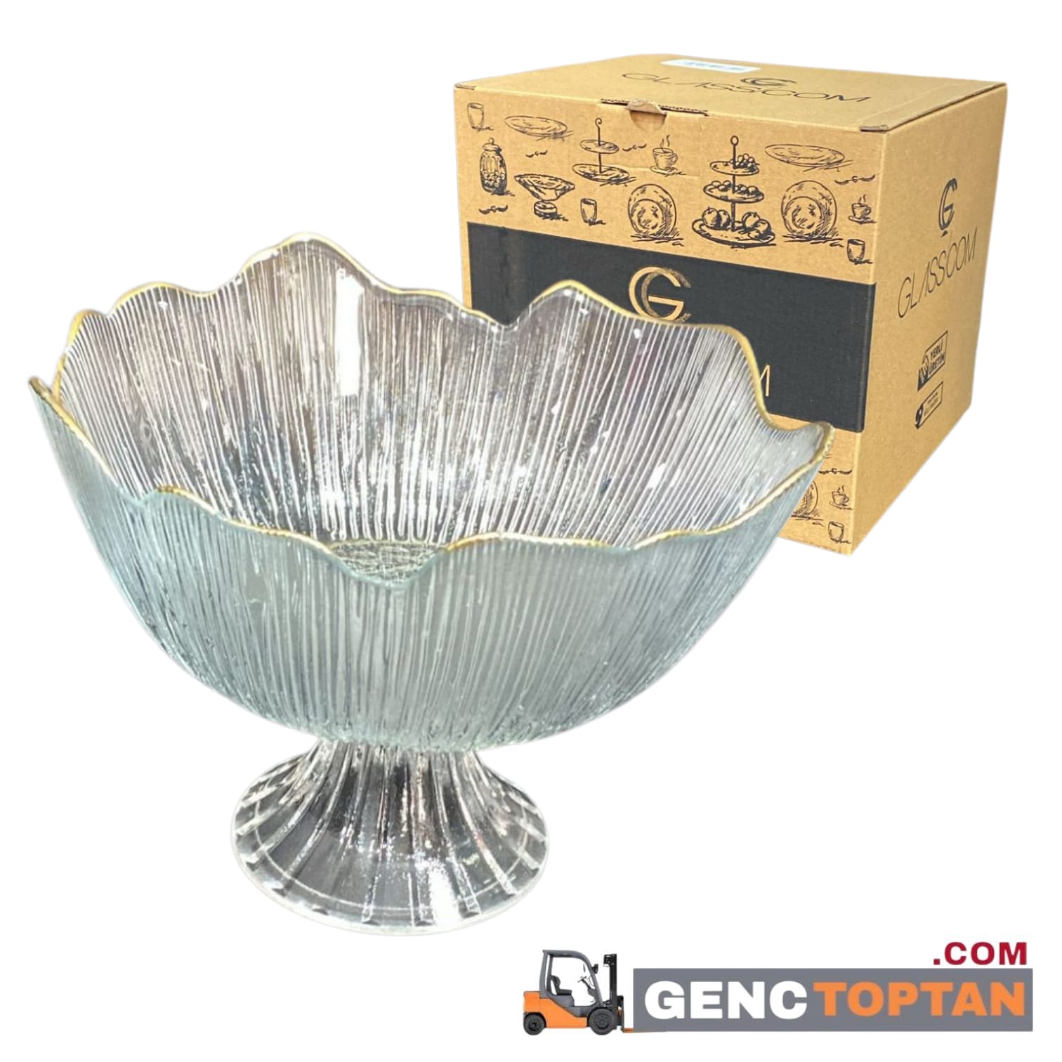 GLASSCOM TİRMİT 21 CM AYAKLI KASE ŞEFFAF GOLD RIM